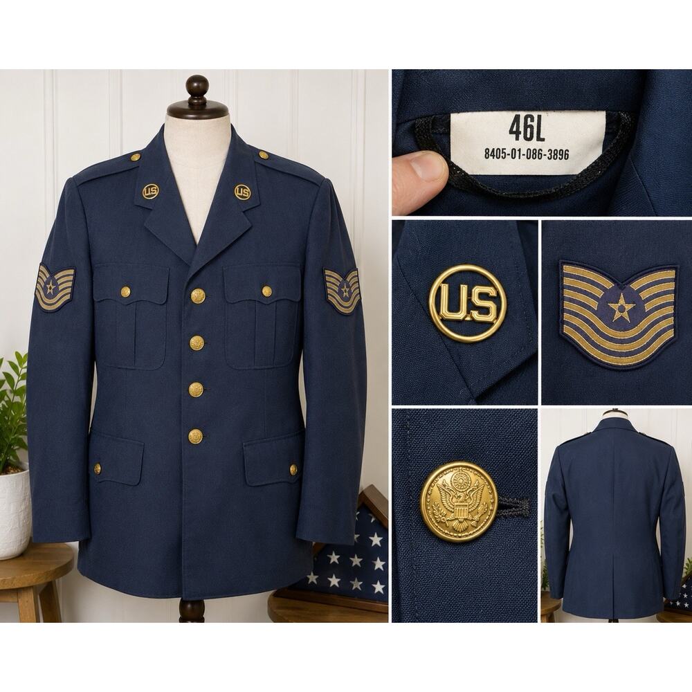Vintage US Air Force Dress Coat Blue Military Uniform Jacket Brass 46L